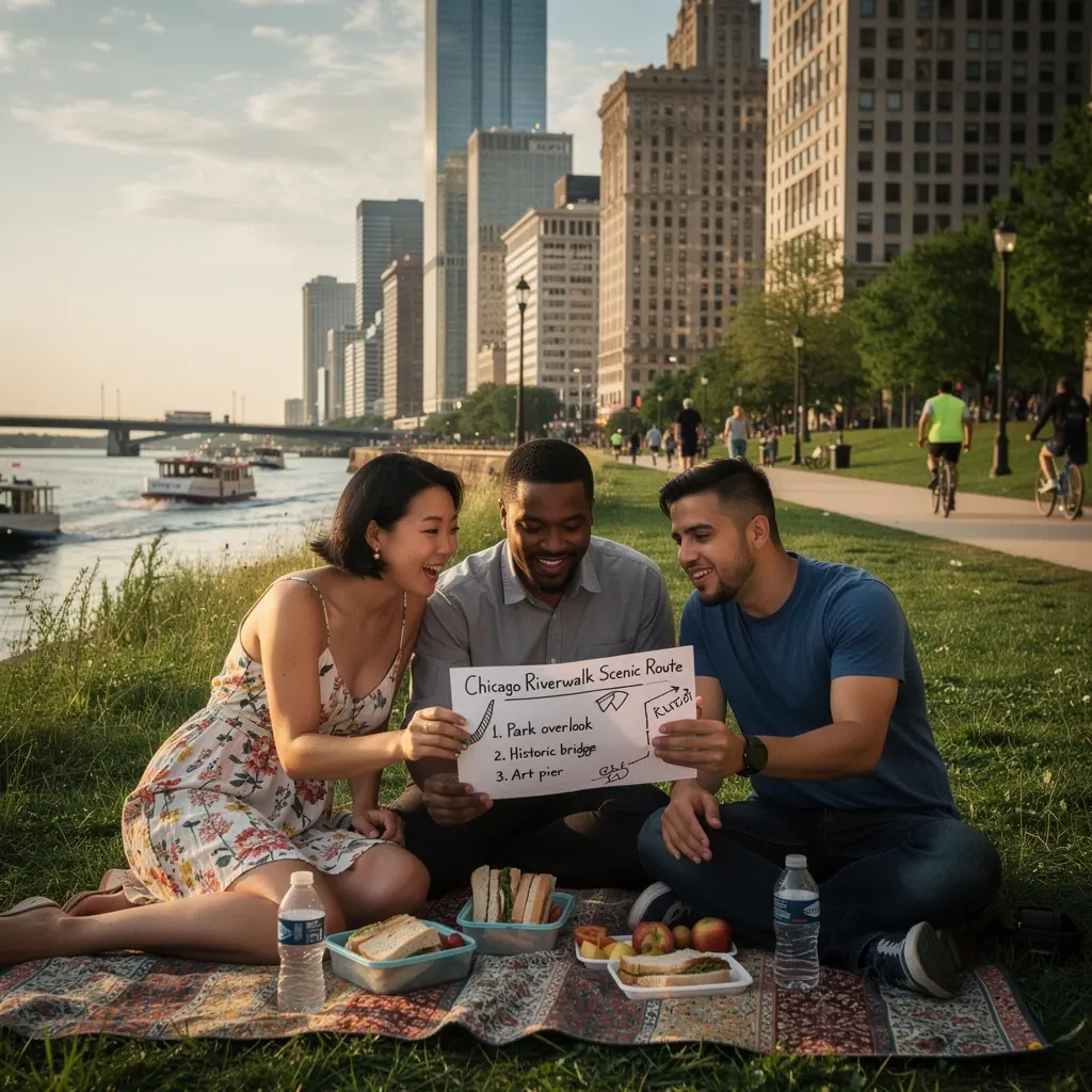 Rodzina podróżująca samochodem wzdłuż wybrzeża z zachodem słońca w tle.